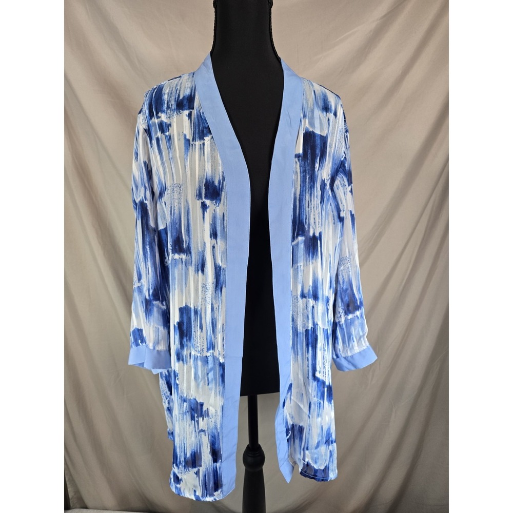 Womens Open front Cardigan Cover up Sheer Water print Beachwear L BON WORTH blue